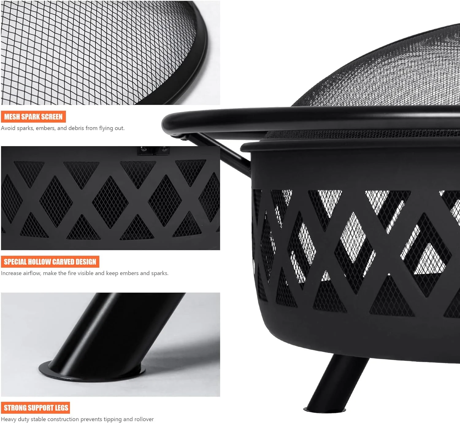 SUNCREAT 42” Patio Fire Pit Wood Burning with Mesh Spark Screen, Bonfire Outdoor firepit with Fireplace Poker, Black