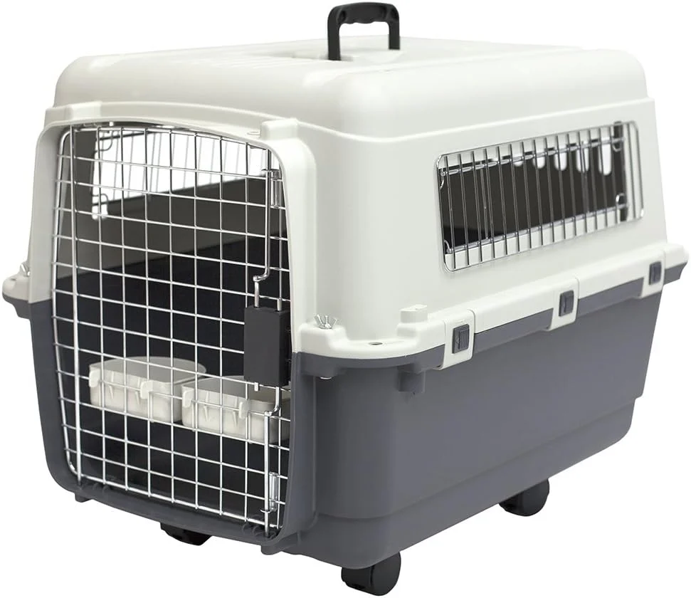 SportPet Designs Plastic Kennels Rolling Plastic Airline Approved Wire Door Travel Dog Crate, XXX-Large, Gray