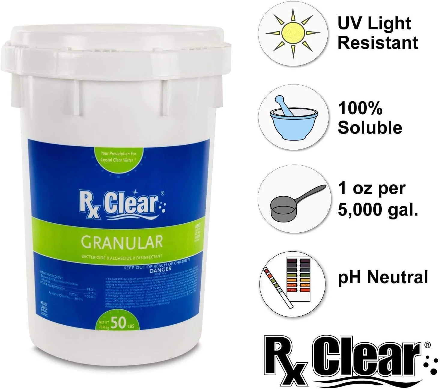 Clear Stabilized Granular Chlorine | One 50-Pound Bucket | Use As Bactericide, Algaecide, and Disinfectant in Swimming Pools and Spas | Fast Dissolving and UV Protected