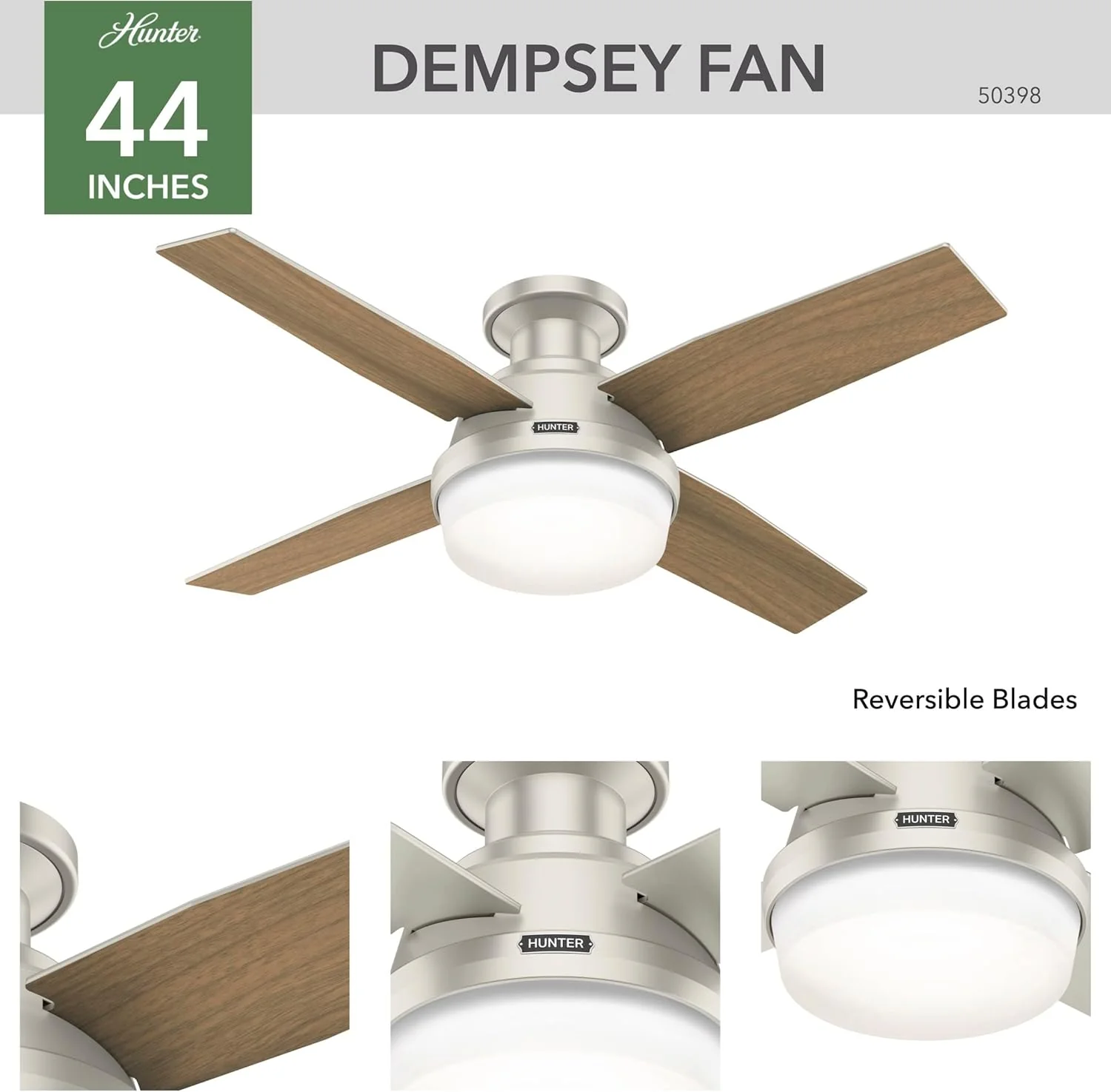 Hunter Fan Company Dempsey Low Profile Indoor / Outdoor Ceiling Fan with LED Light and Remote Control, 44