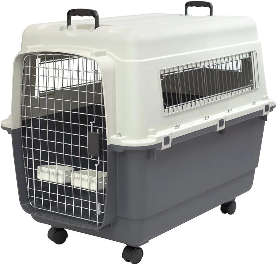 SportPet Designs Plastic Kennels Rolling Plastic Airline Approved Wire Door Travel Dog Crate, XXX-Large, Gray