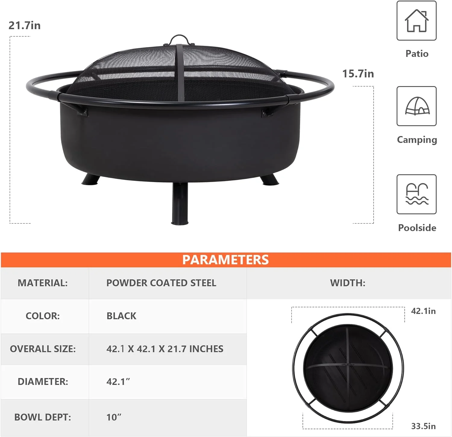 SUNCREAT 42” Patio Fire Pit Wood Burning with Mesh Spark Screen, Bonfire Outdoor firepit with Fireplace Poker, Black