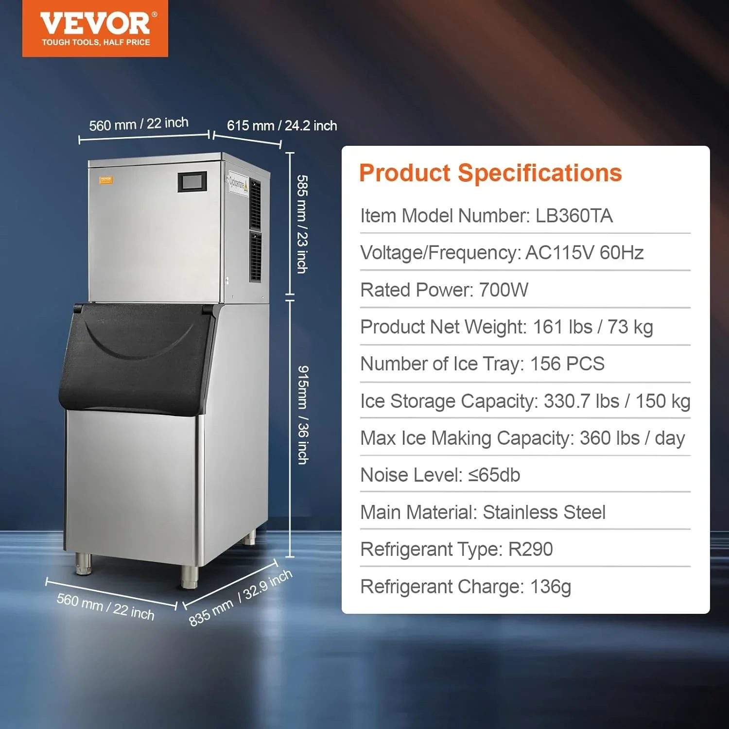 VEVOR Commercial Ice Maker, 360LBS/24H Ice Making Machine with 330.7LBS Large Storage Bin