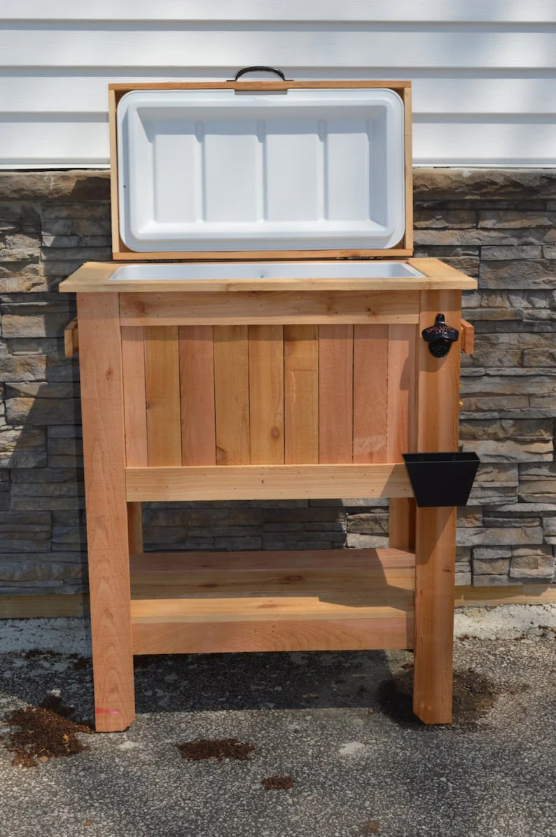 All Weather 48 Quart Antiqued Cedar Cooler Stand with Brass Drain, Bottle Opener and Cap Catcher, Beer Cooler.