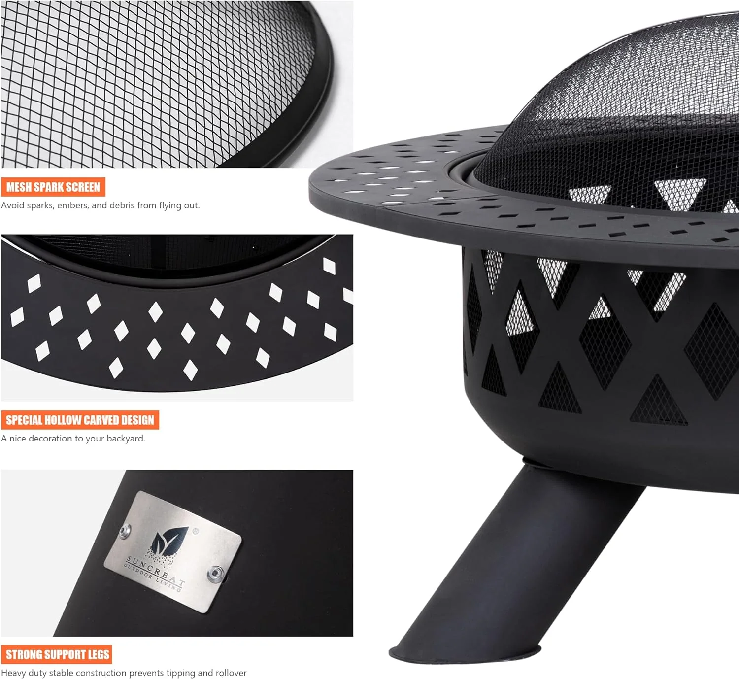 SUNCREAT 42” Patio Fire Pit Wood Burning with Mesh Spark Screen, Bonfire Outdoor firepit with Fireplace Poker, Black