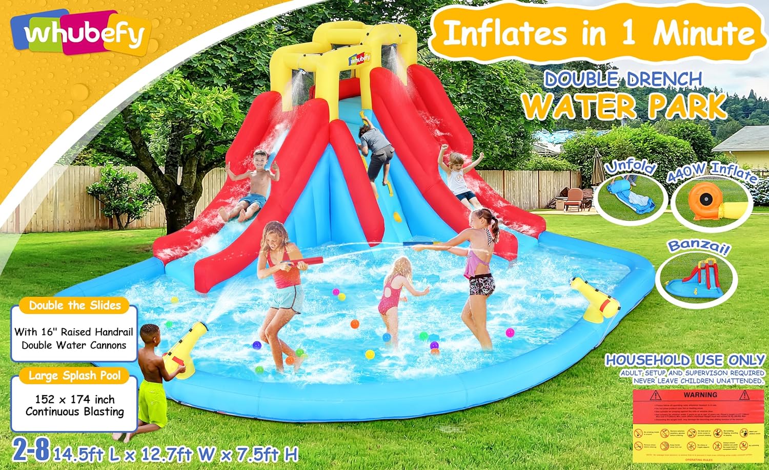 Inflatable Water Slides for Kids 8-in-1 Bounce House Water Park with 450W Blower Climbing Wall, Splash Pool, 2 Water Cannons, Basketball Hoop, Water Slide, Crocodile Sprinkler for Gift Backyard Party
