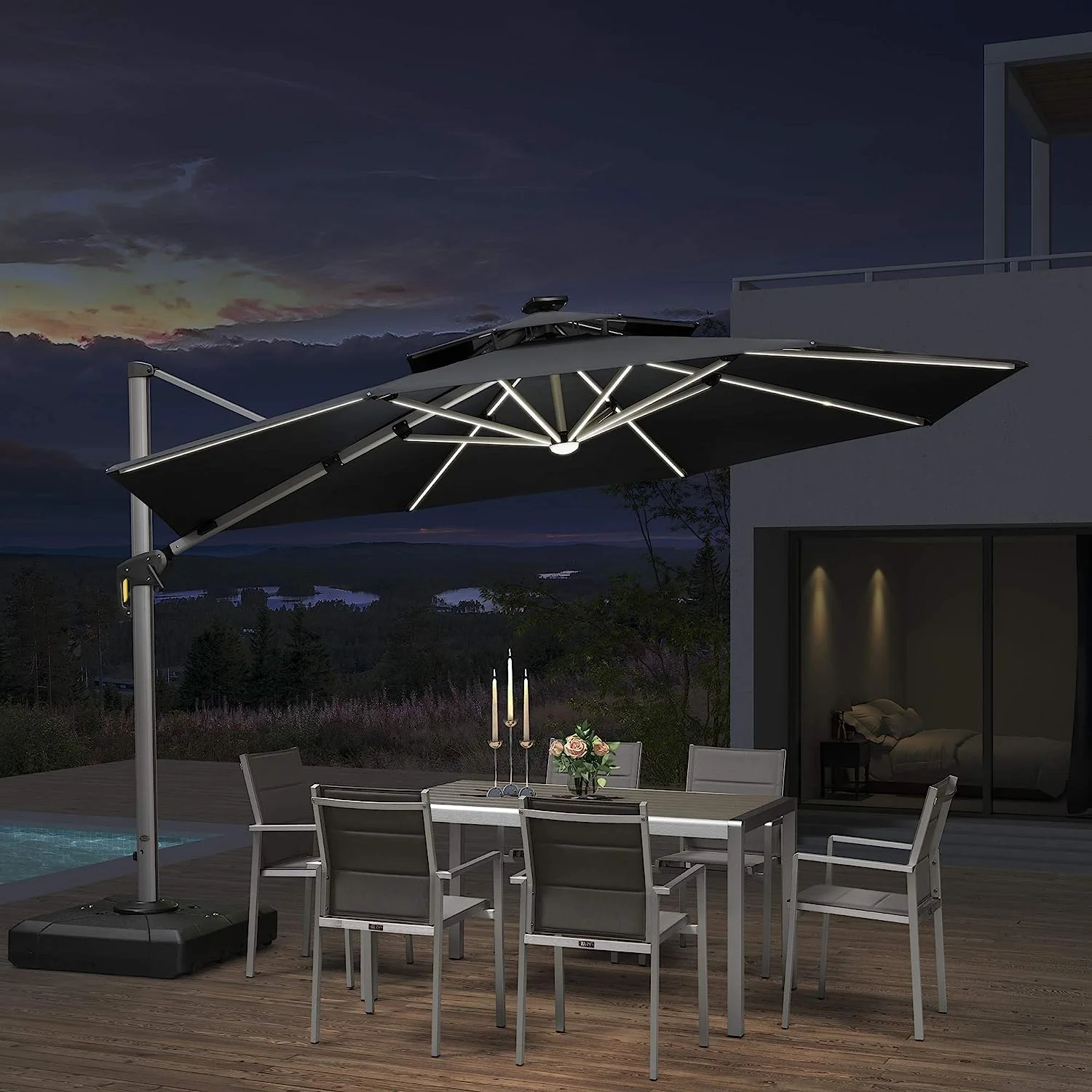 12ft Solar LED Patio Umbrella Outdoor Round Umbrella Large Cantilever Umbrella with LED Lights Windproof Bias Umbrella Heavy Duty Parasol for Garden Deck Pool Patio