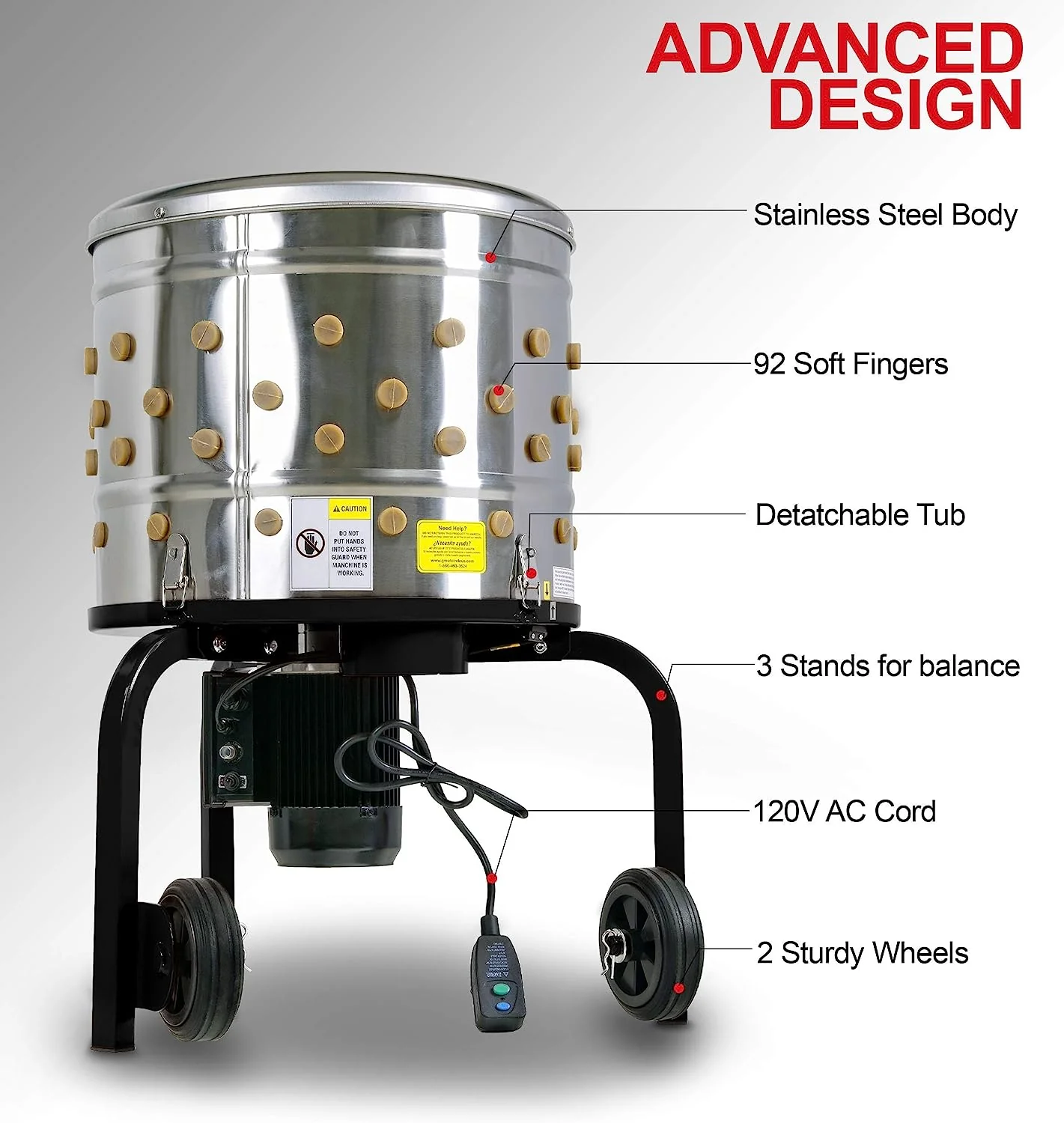 Kitchener Chicken Plucker De-Feather Remover Poultry and Fowl Food Processor Electric Stainless Steel Heavy Duty 1HP 120VAC 280RPM GFCI Connector 92 Soft Fingers 20