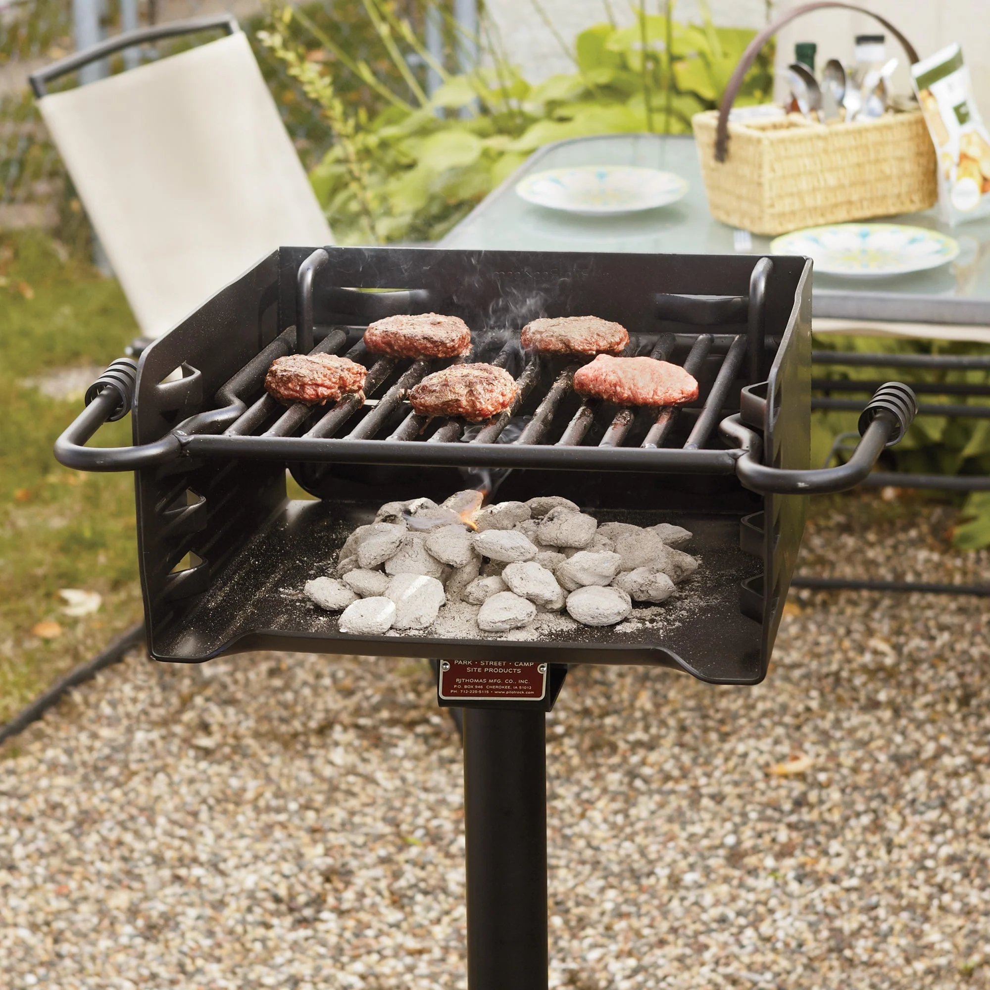 Pilot Rock Park Style Steel Outdoor BBQ Charcoal Grill and Post, Black