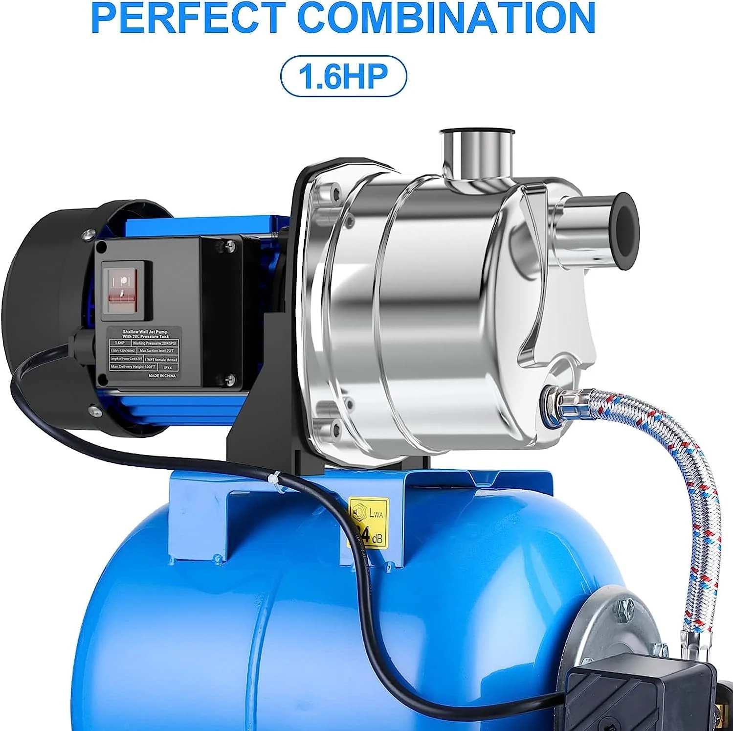 1.6HP Shallow Well Pump with Pressure Tank 1268 GPH Stainless Steel Jet Pump Transfer Drainage Booster Pump Garden Sprinkler System Water Pump for Home Garden Lawn Irrigation