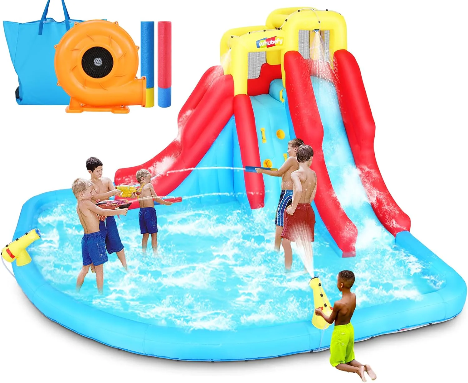 Inflatable Water Slides for Kids 8-in-1 Bounce House Water Park with 450W Blower Climbing Wall, Splash Pool, 2 Water Cannons, Basketball Hoop, Water Slide, Crocodile Sprinkler for Gift Backyard Party