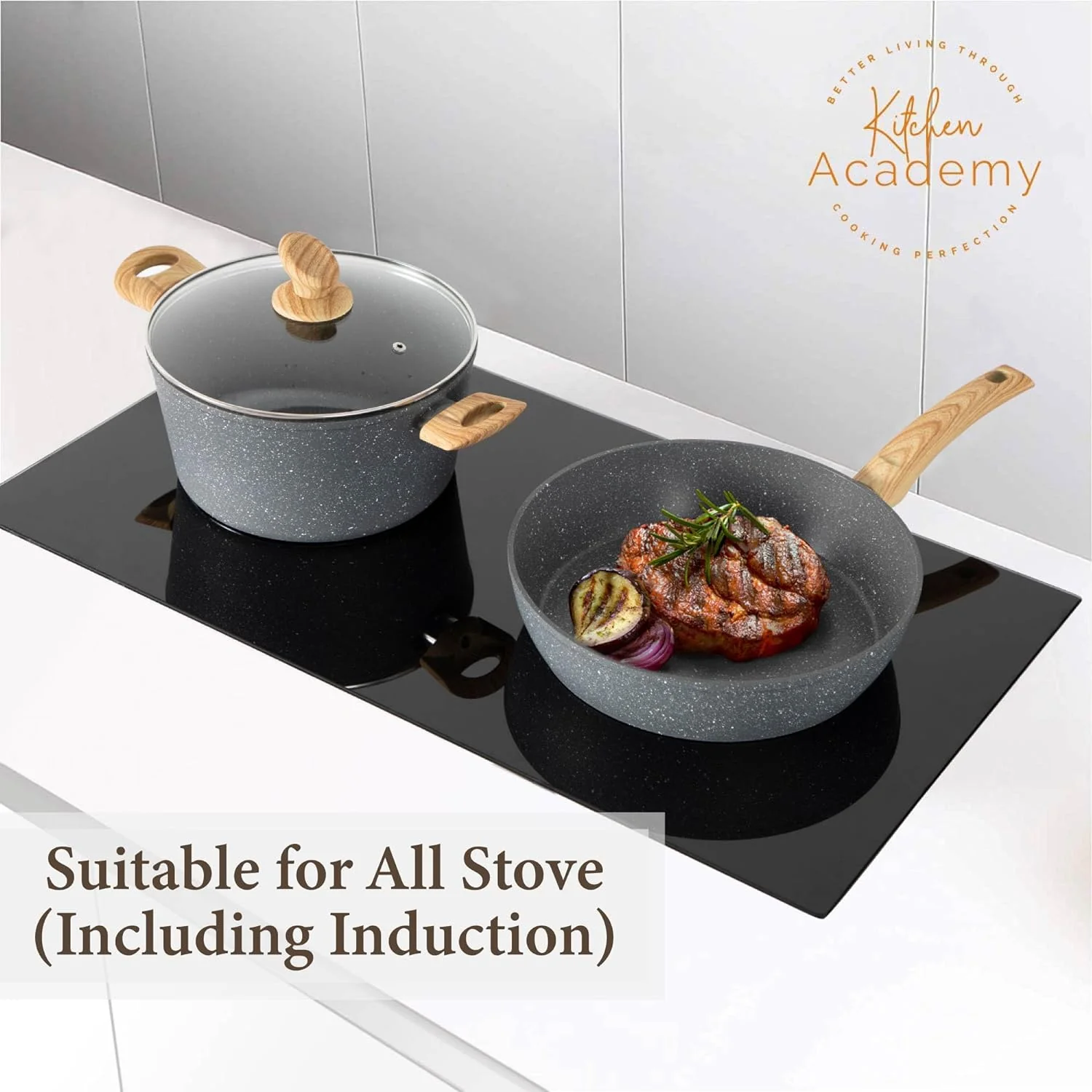 Kitchen Academy Induction Cookware Sets - 12 Piece Green Cooking Pan Set, Granite Nonstick Pots and Pans Set