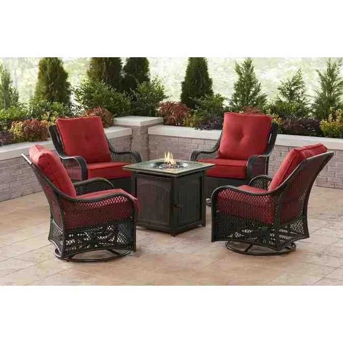 5-Piece Steel Patio Fire Pit Conversation Set with Navy Blue Cushions, Swivel Gliders and Square Fire Pit Table