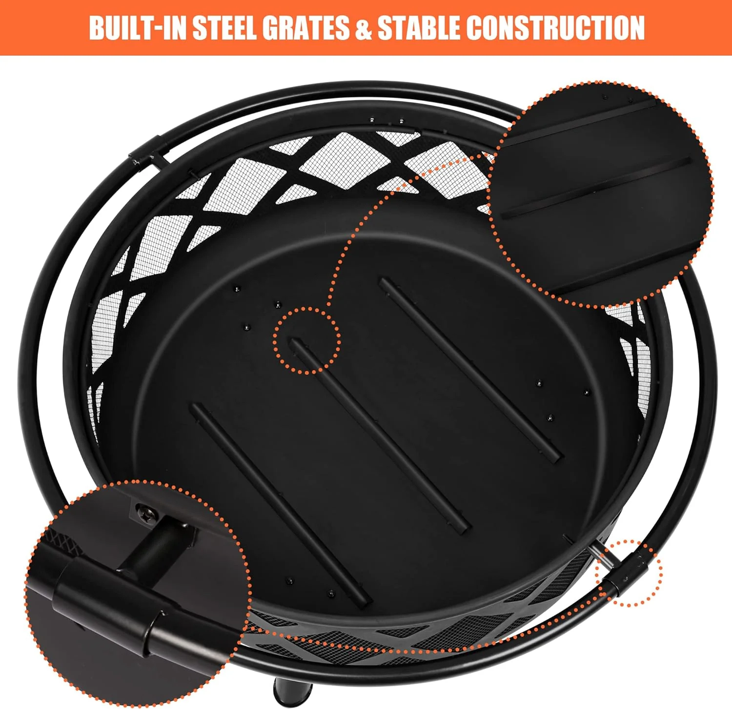 SUNCREAT 42” Patio Fire Pit Wood Burning with Mesh Spark Screen, Bonfire Outdoor firepit with Fireplace Poker, Black