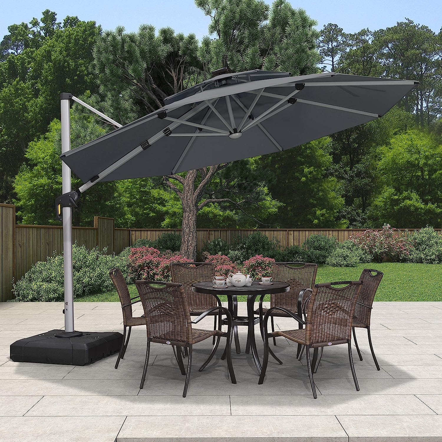 12ft Solar LED Patio Umbrella Outdoor Round Umbrella Large Cantilever Umbrella with LED Lights Windproof Bias Umbrella Heavy Duty Parasol for Garden Deck Pool Patio