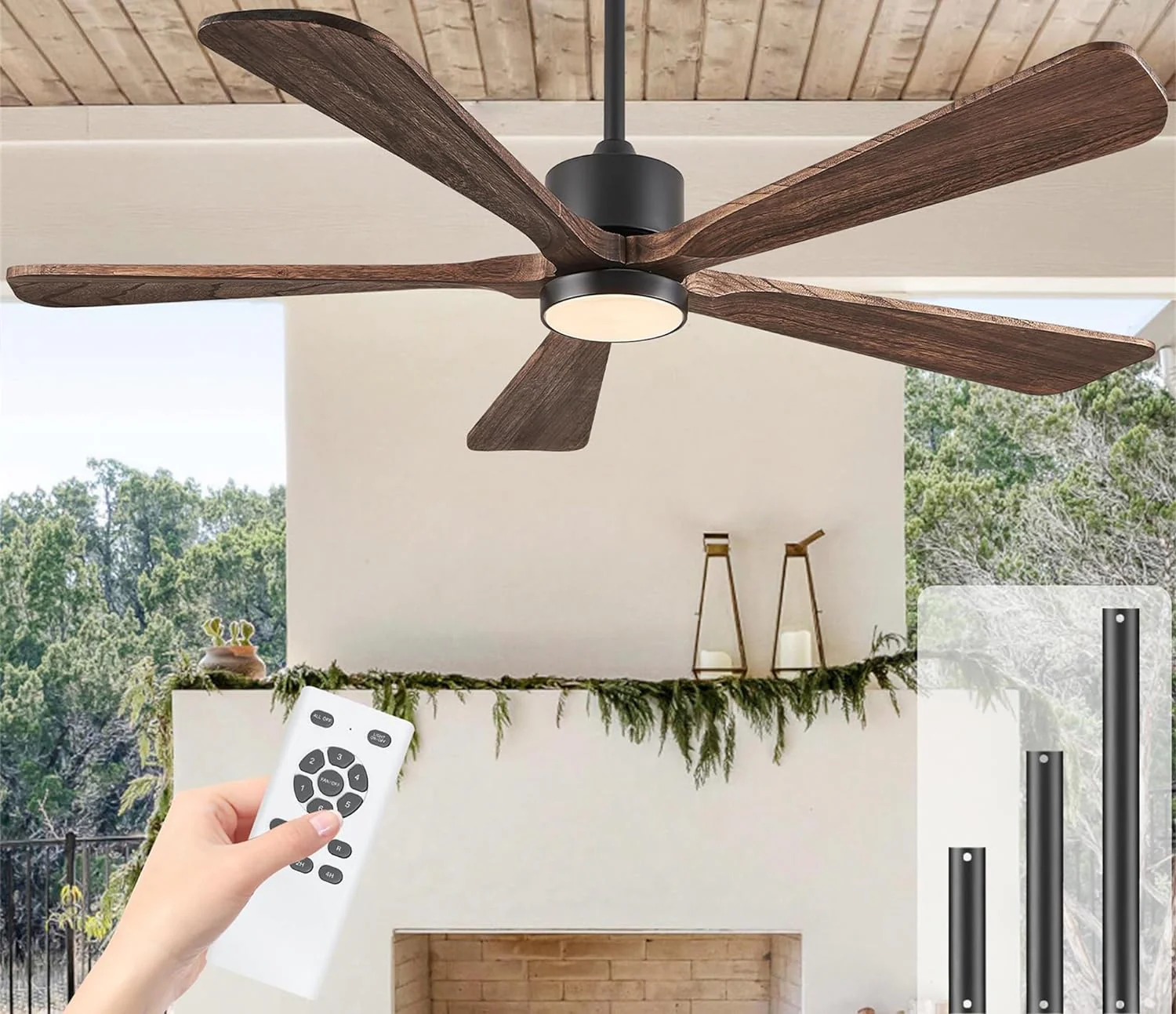 Ceiling Fans with Lights, 60 inch Outdoor Ceiling Fans with Lights for Patio and Remote Control, Modern Ceiling Fan with Light, 5 Solid Wood Blades 6-Speed Reversible DC Motor (Dark Brown)