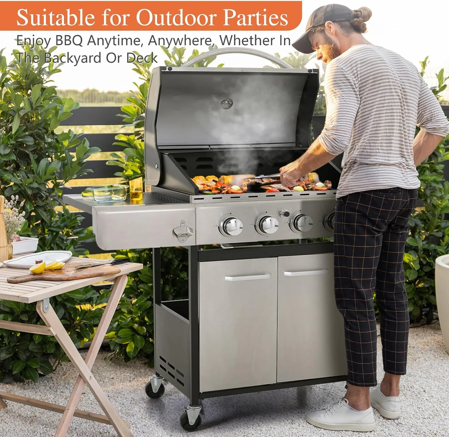 Burner Gas grill with side burner and enameled cast iron grille 42,000BTU outdoor cooking stainless steel propane grill Garden grill, silver