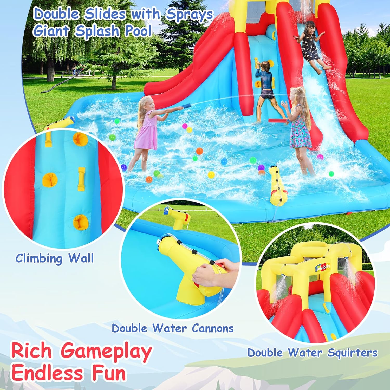 Inflatable Water Slides for Kids 8-in-1 Bounce House Water Park with 450W Blower Climbing Wall, Splash Pool, 2 Water Cannons, Basketball Hoop, Water Slide, Crocodile Sprinkler for Gift Backyard Party