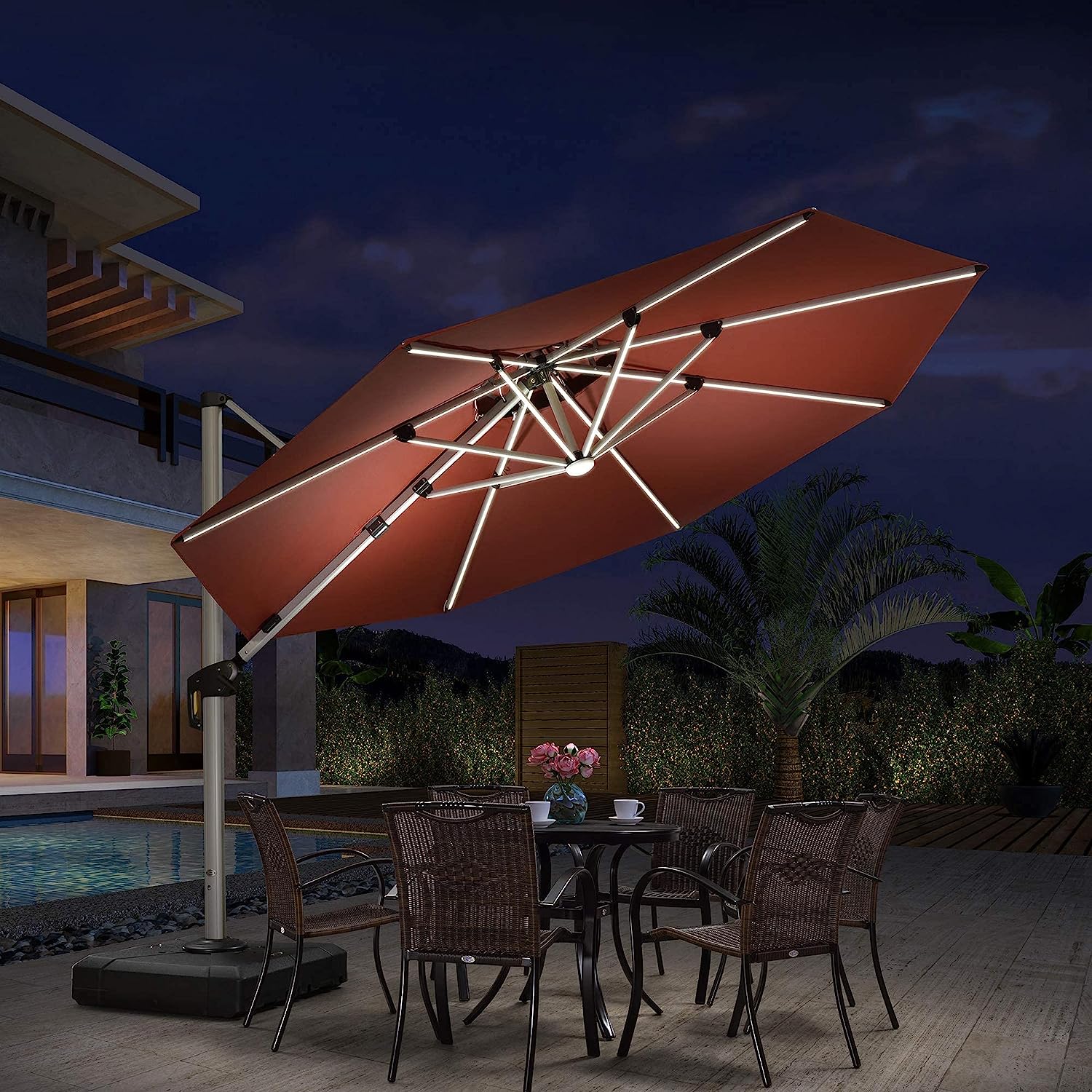 12ft Solar LED Patio Umbrella Outdoor Round Umbrella Large Cantilever Umbrella with LED Lights Windproof Bias Umbrella Heavy Duty Parasol for Garden Deck Pool Patio