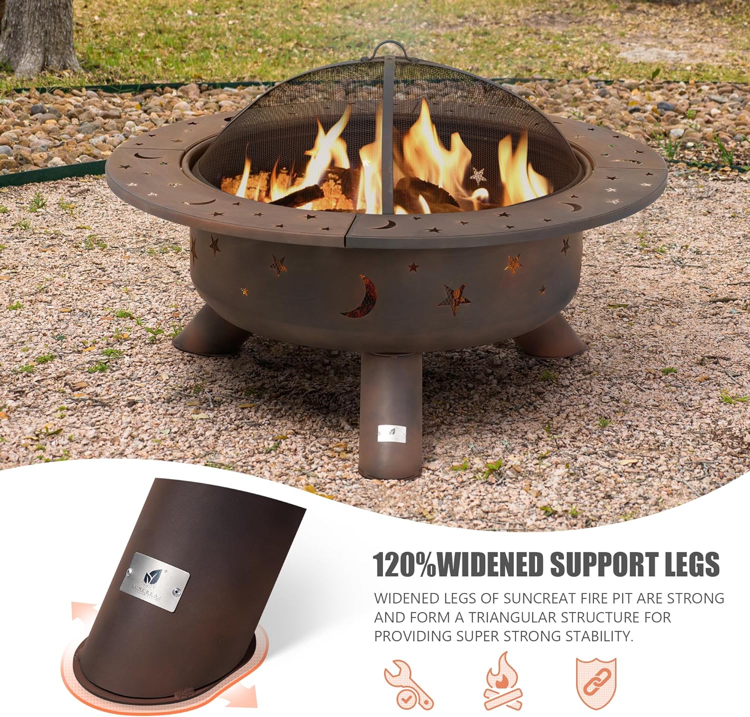 SUNCREAT 42” Patio Fire Pit Wood Burning with Mesh Spark Screen, Bonfire Outdoor firepit with Fireplace Poker, Black