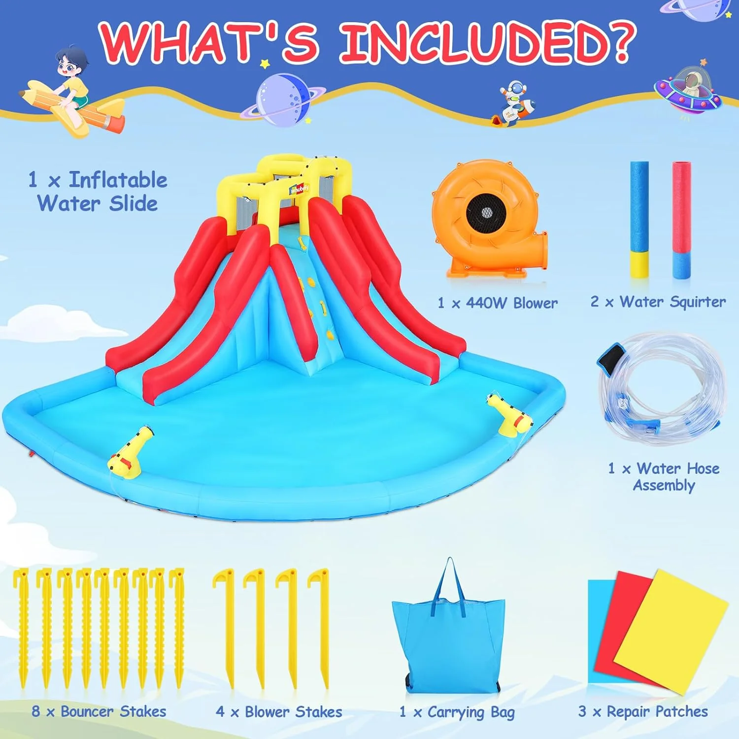 Inflatable Water Slides for Kids 8-in-1 Bounce House Water Park with 450W Blower Climbing Wall, Splash Pool, 2 Water Cannons, Basketball Hoop, Water Slide, Crocodile Sprinkler for Gift Backyard Party