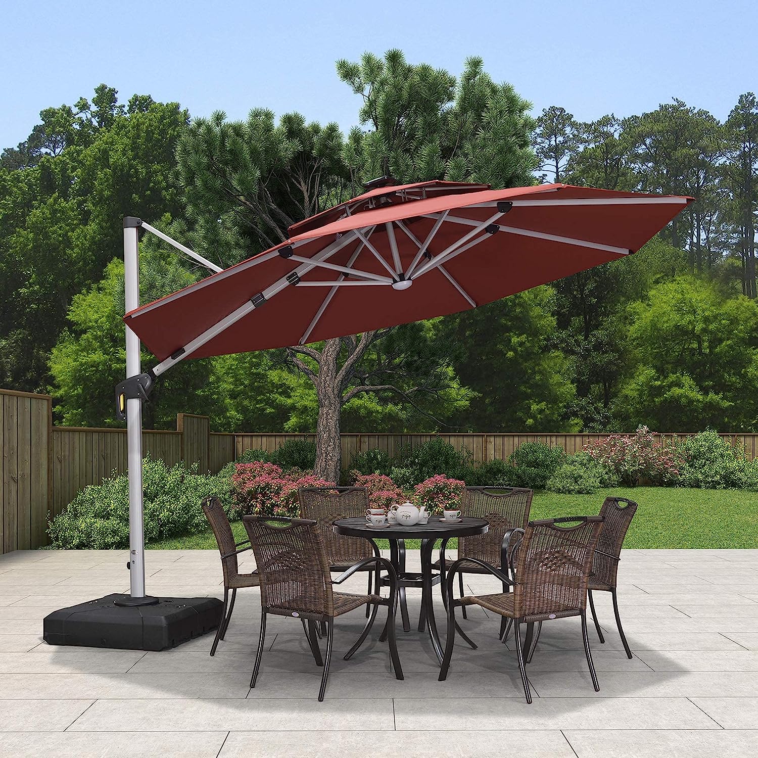 12ft Solar LED Patio Umbrella Outdoor Round Umbrella Large Cantilever Umbrella with LED Lights Windproof Bias Umbrella Heavy Duty Parasol for Garden Deck Pool Patio