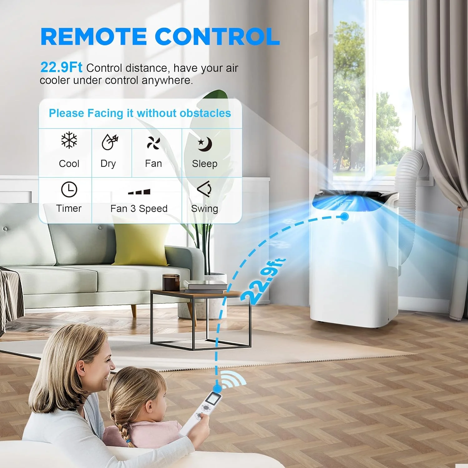 Portable Air Conditioners with Remote Control, 3-in-1 Free Standing Cooling AC Unit with Fan & Dehumidifier, Cools Room up to 700 sq.ft, Smart/Sleep Mode,3 Speed,Auto Swing,24H Timer