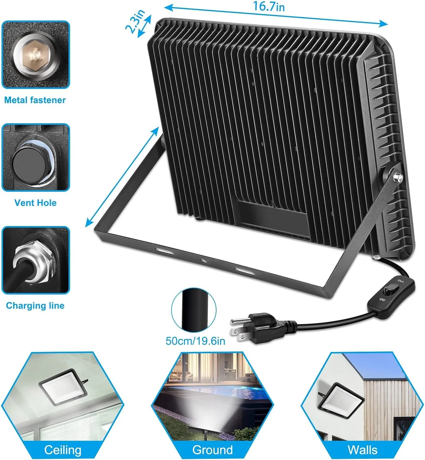 3 Pack 200W LED Flood Light,Super Bright Exterior Security Lights With Plug,IP66 Waterproof Outdoor Flood Light, 22800lm 5000K Daylight White Floodlight for Yard, Garden,Basketball Court, Arena