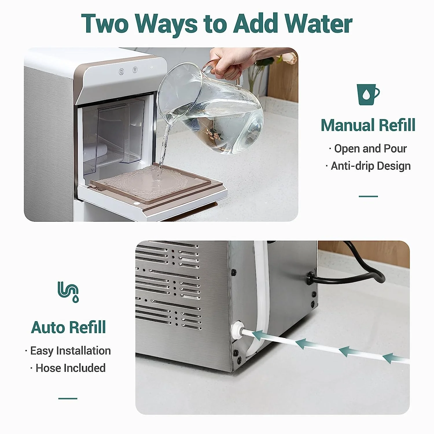 V2.0 Countertop Nugget Ice Maker | Self Cleaning Pellet Ice Maker | Open and Pour Refill | Stainless Steel Housing |