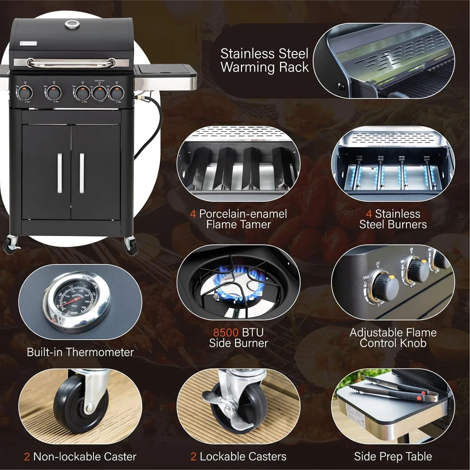 Burner Gas grill with side burner and enameled cast iron grille 42,000BTU outdoor cooking stainless steel propane grill Garden grill, silver