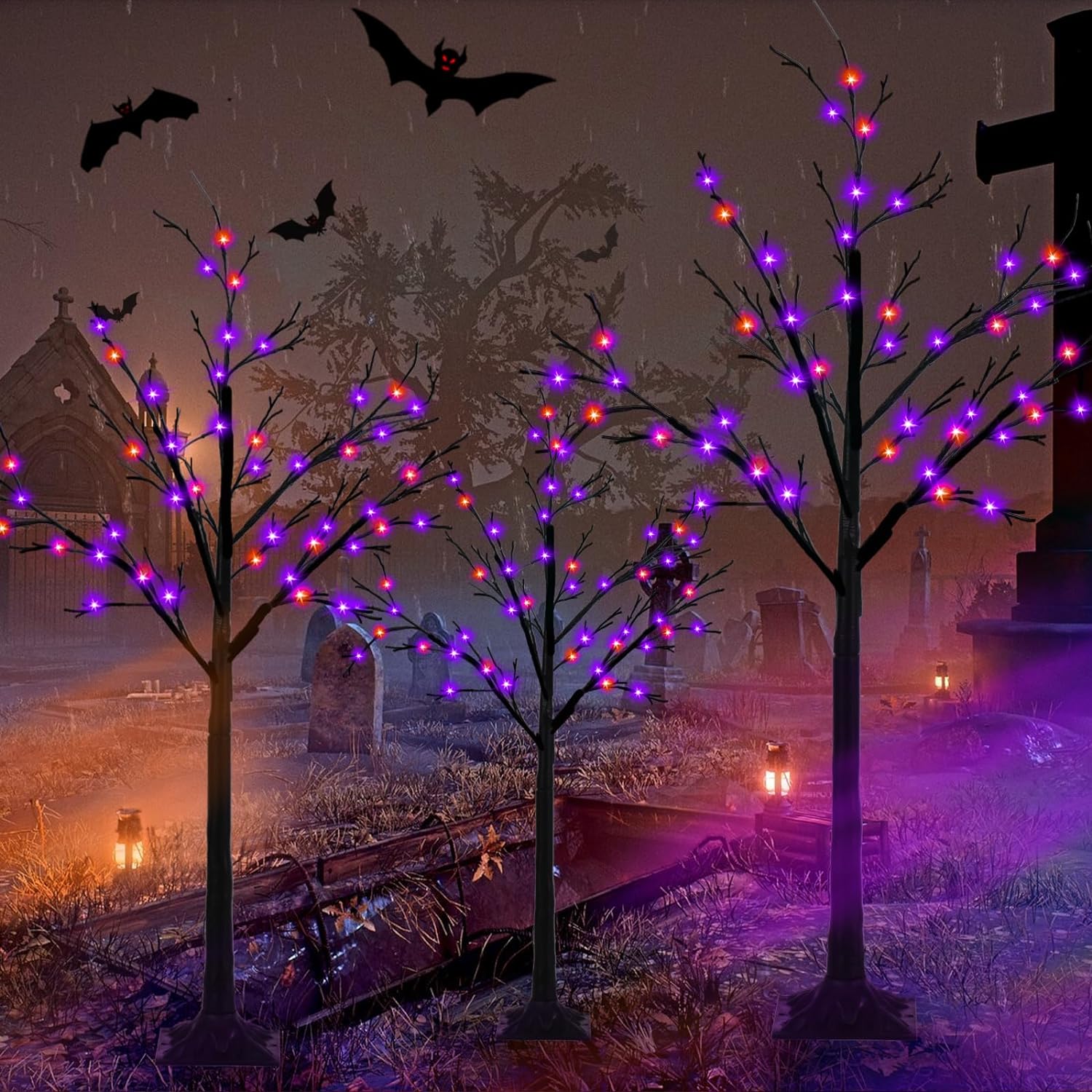 Set of 3 Glowing Black Halloween Trees with 96 LED Lights