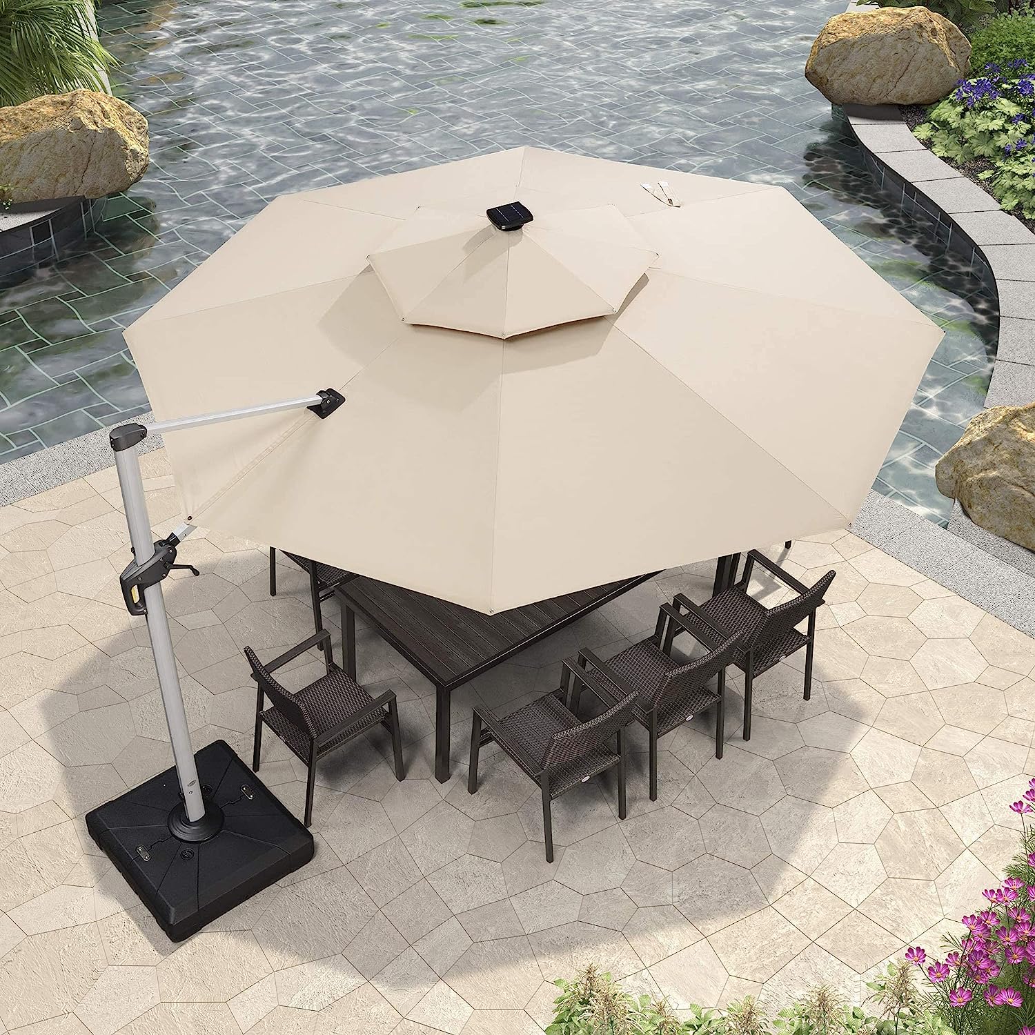 12ft Solar LED Patio Umbrella Outdoor Round Umbrella Large Cantilever Umbrella with LED Lights Windproof Bias Umbrella Heavy Duty Parasol for Garden Deck Pool Patio