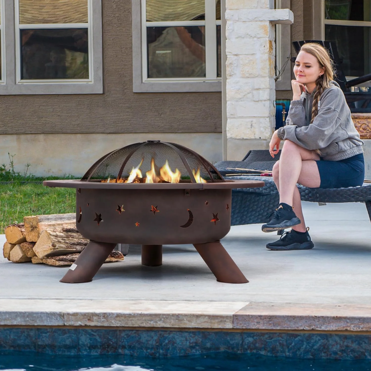 SUNCREAT 42” Patio Fire Pit Wood Burning with Mesh Spark Screen, Bonfire Outdoor firepit with Fireplace Poker, Black