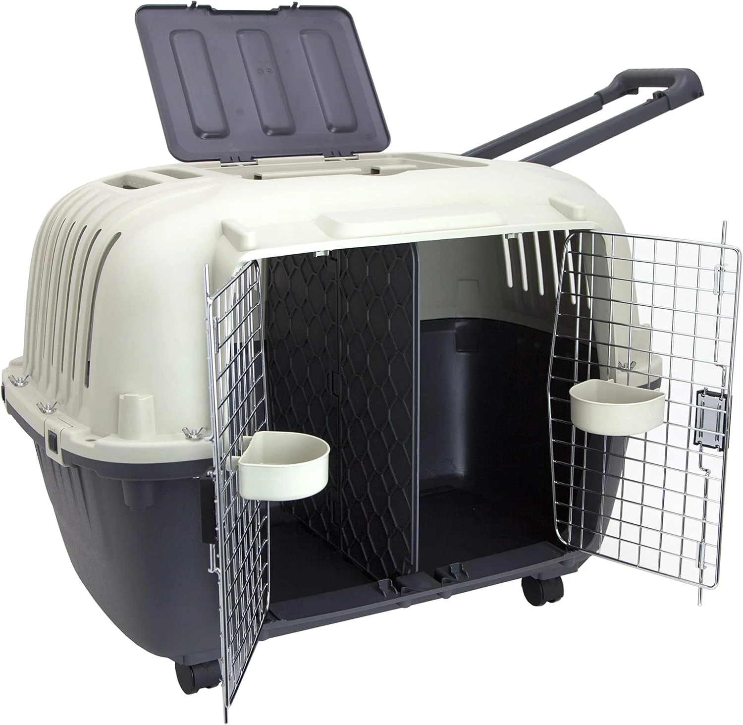SportPet Designs Plastic Kennels Rolling Plastic Airline Approved Wire Door Travel Dog Crate, XXX-Large, Gray
