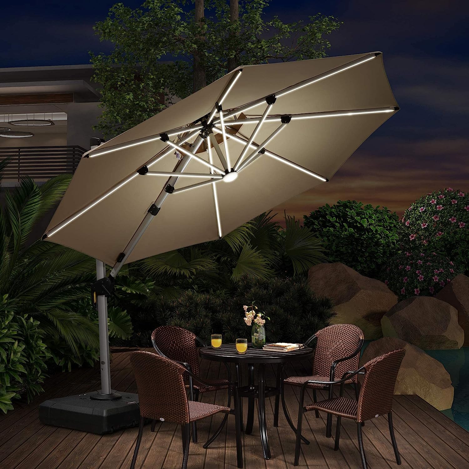 12ft Solar LED Patio Umbrella Outdoor Round Umbrella Large Cantilever Umbrella with LED Lights Windproof Bias Umbrella Heavy Duty Parasol for Garden Deck Pool Patio