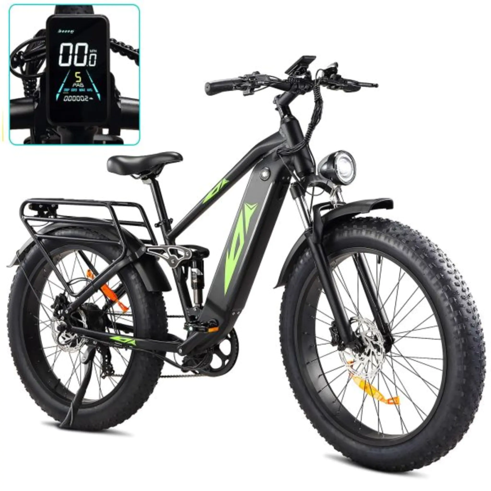1000W 48V Electric Bike for Adults – 26-in Fat Tire Full-Suspension E-Bike – 17.5Ah Battery – 7-Speed – Up to 28MPH – UL Certified