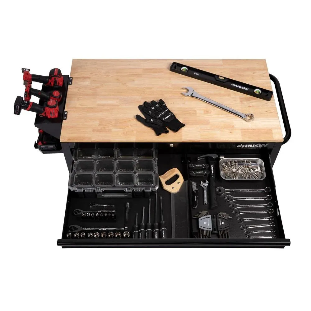 46-in W x 24.5-in D 9-Drawer Mobile Workbench with Hardwood Top and Power Station – Gloss Black