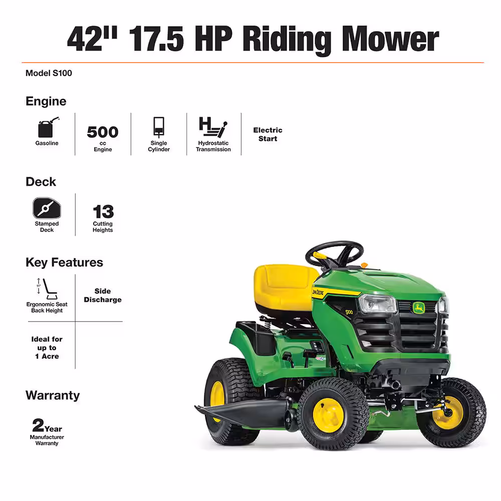 John Deere S100 42 in Riding Lawn Mower – 17.5 HP Gas Hydrostatic Drive