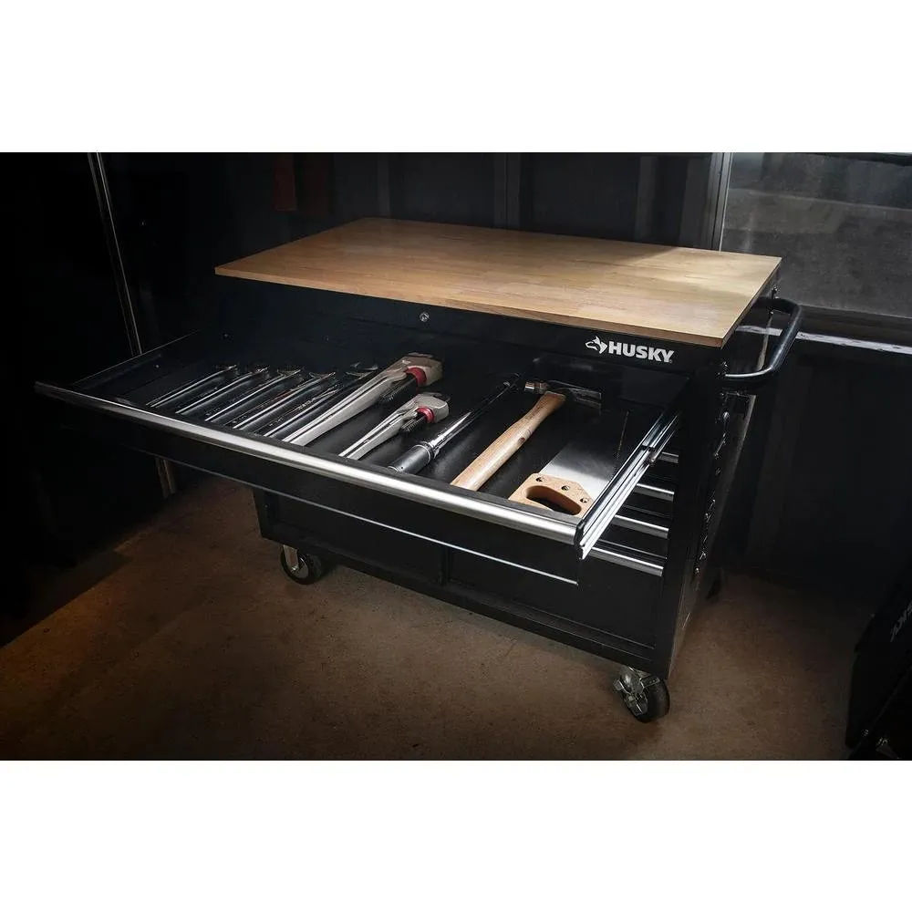 46-in W x 24.5-in D 9-Drawer Mobile Workbench with Hardwood Top and Power Station – Gloss Black