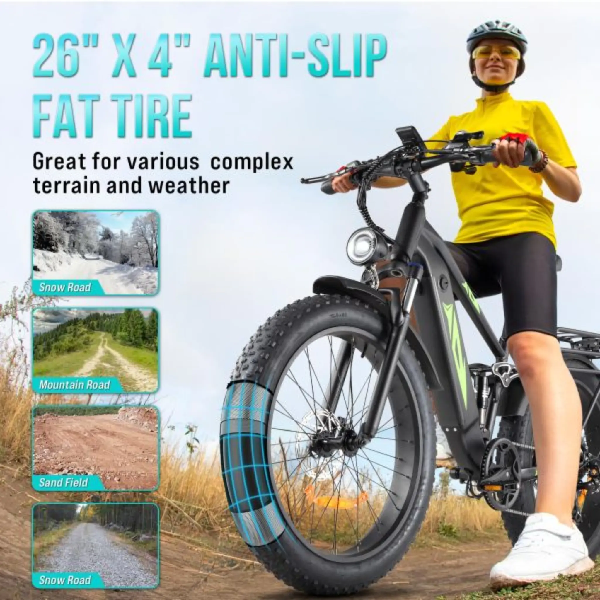 1000W 48V Electric Bike for Adults – 26-in Fat Tire Full-Suspension E-Bike – 17.5Ah Battery – 7-Speed – Up to 28MPH – UL Certified