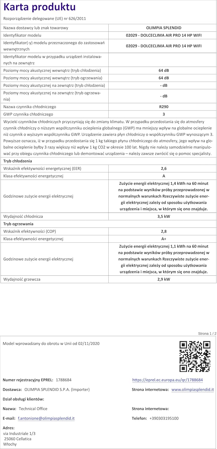 Olimpia Splendid-02265 Dolceclima Compact 8X- Climatiseur portable 3-en-1 : Refroidissement, ventilation, déshumidification, 8 000 Btu/H, 2.1 Kw, Gaz R290, blanc-pour les pièces jusqu'à 60m³