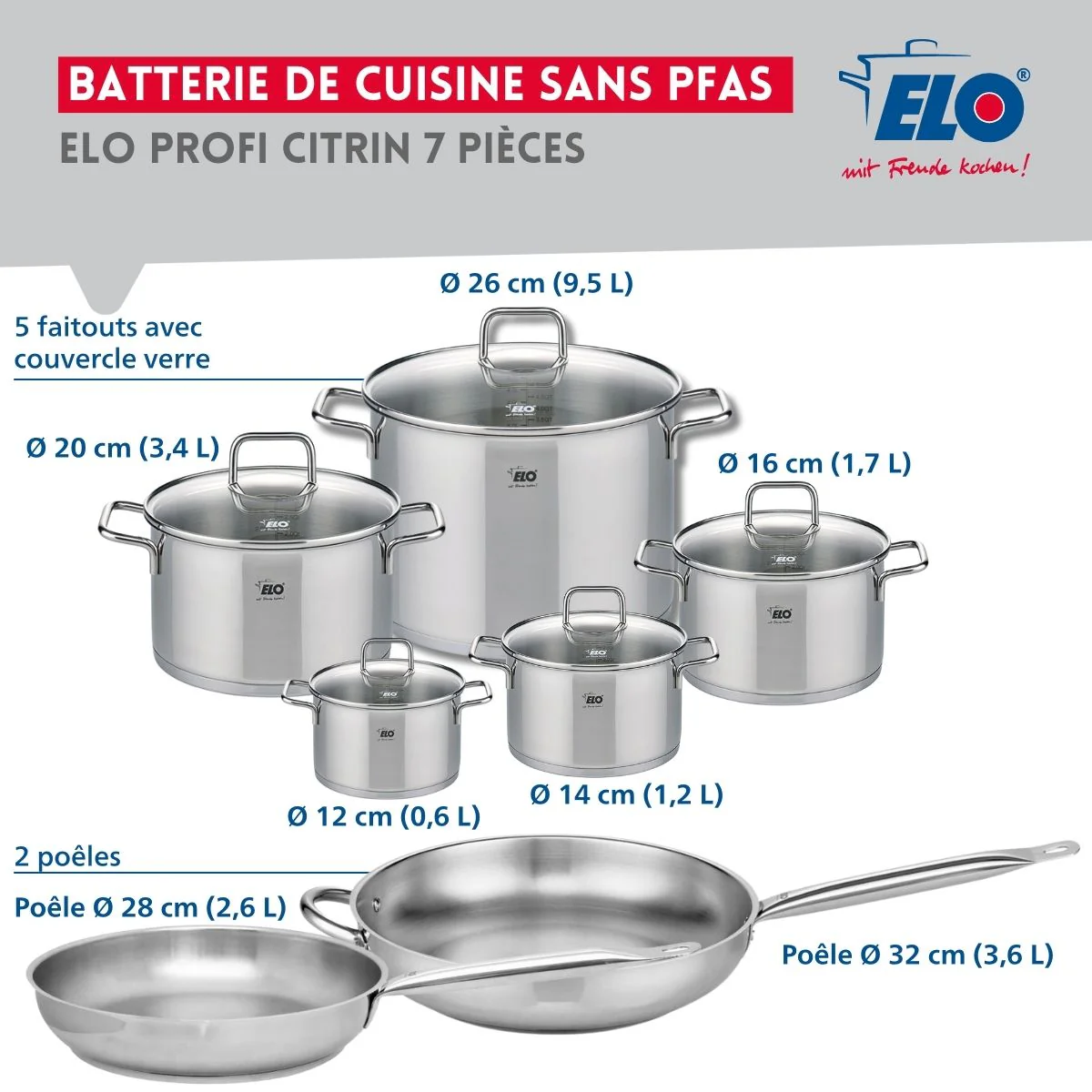 Ensemble de 2 Poêles de cuisson 28 et 32 cm et 5 faitouts 12, 14, 16, 20 et 26 cm Elo Profi Citrin Elo