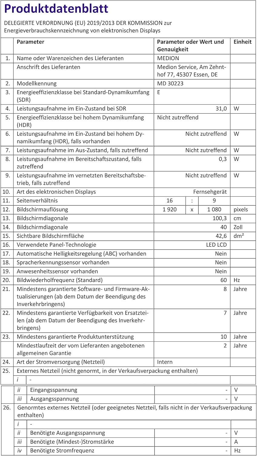 MEDION E14080 (MD 30224) Téléviseur Full HD 100,3 cm (40 Pouces) (Lecteur DVD intégré, récepteur Triple Tuner DVB-T2 DVB-C DVB-S2, 2 x HDMI, VGA, USB, Mediaplayer, CI+)