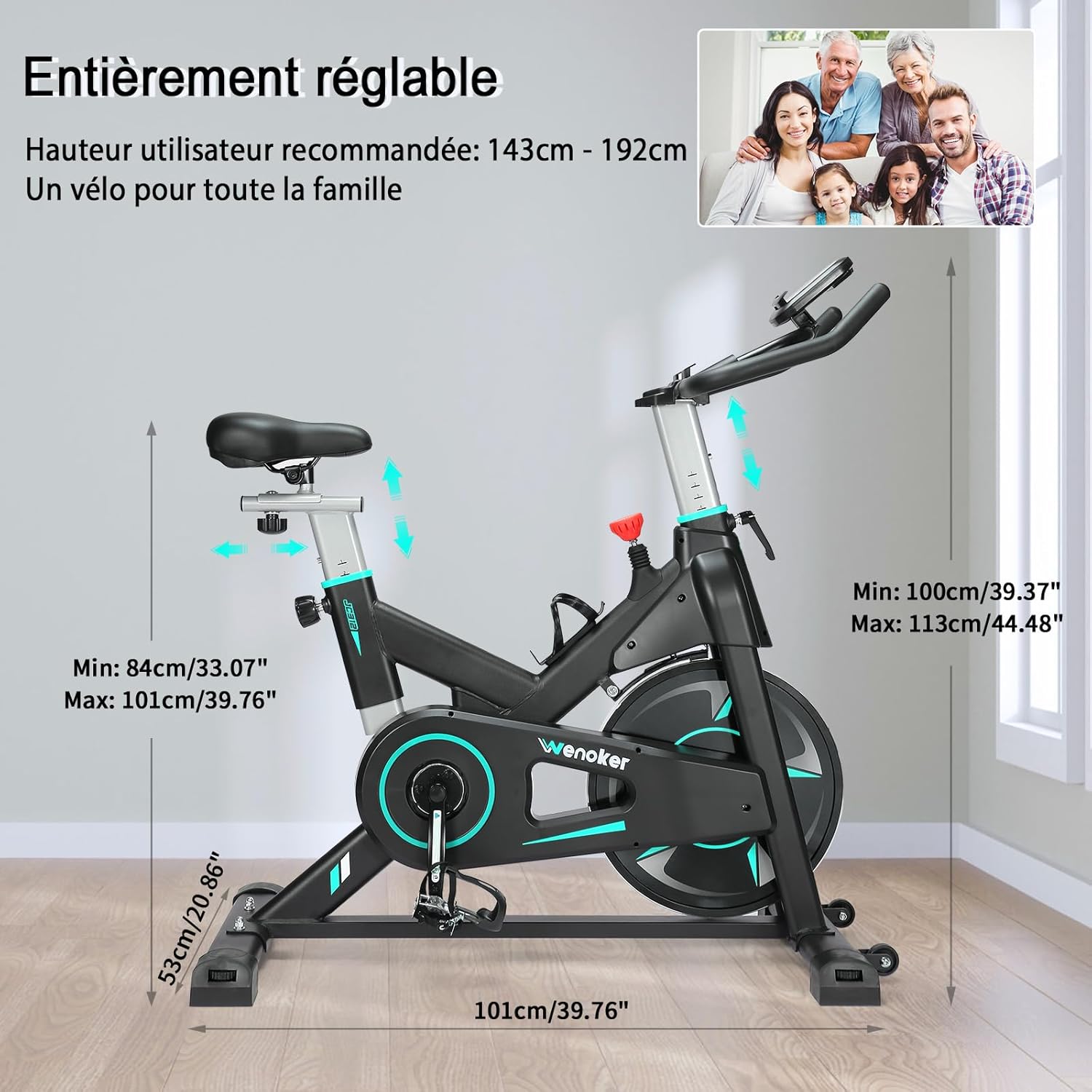 Wenoker Vélo d'Appartement Spinning, Résistance Magnétique Ajustable, Vélo d'Exercice à Siège Confortable et Écran, Entrainement Cardio Home Trainer, capacité de charge de 160 kg