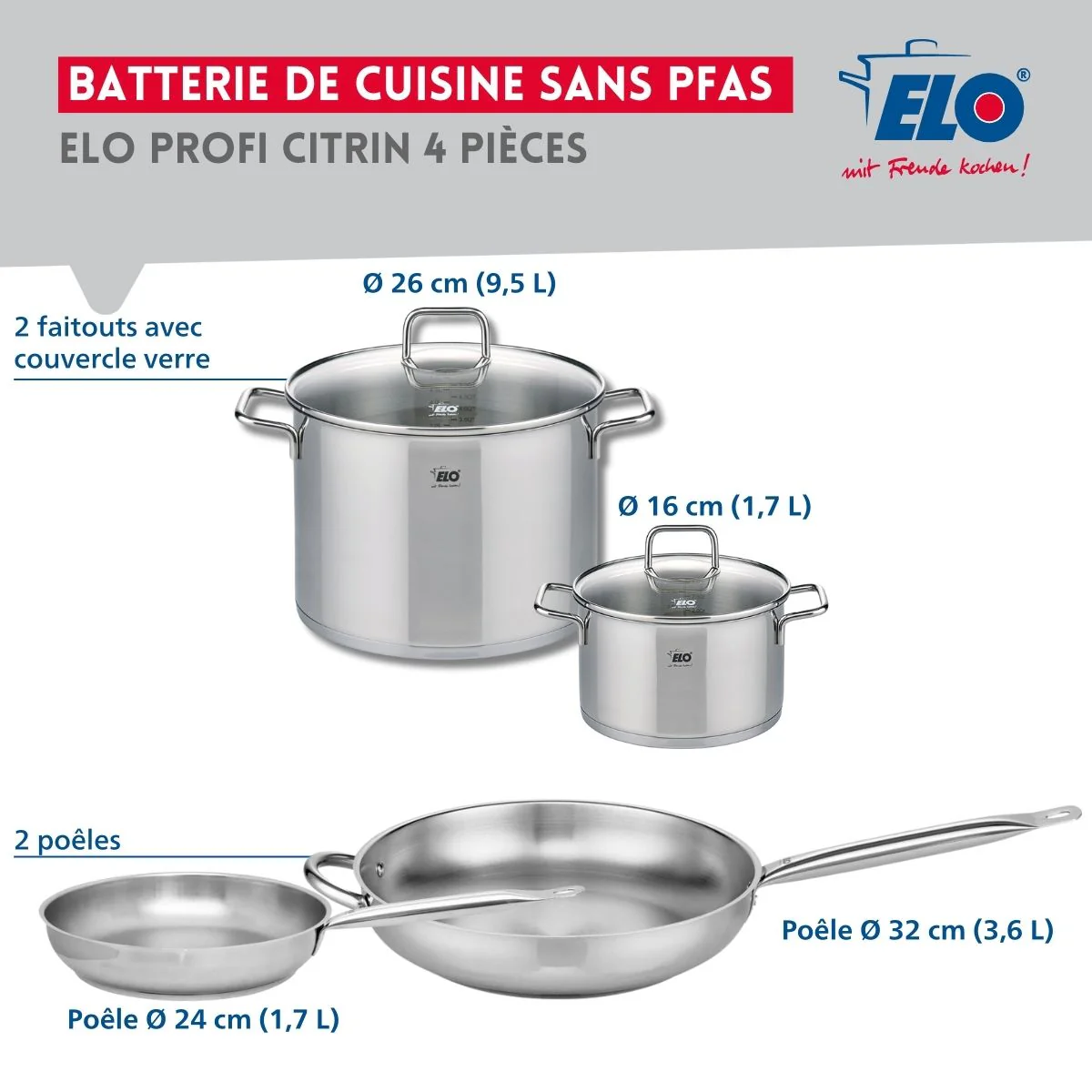 Ensemble de 2 Poêles de cuisson 24 et 32 cm et 2 faitouts 16 et 26 cm Elo Profi Citrin Elo