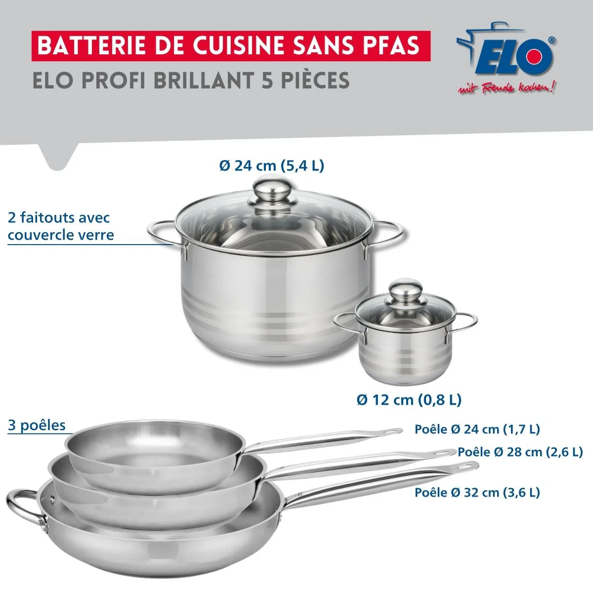 Ensemble de 3 Poêles de cuisson 24, 28 et 32 cm et 2 faitouts 12 et 24 cm Elo Profi Brillant Elo