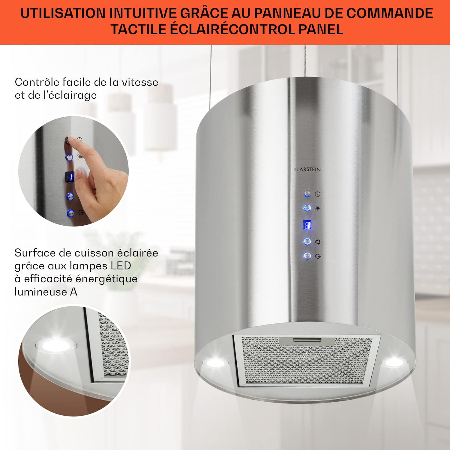 KLARSTEIN Barett - hotte aspirante îlot, hotte aspirante silencieuse Ø 35cm, Puissance Moteur 190W, 560 m³/h Max, 3 Niveaux de Puissance, éclairage LED, INOX - Argent