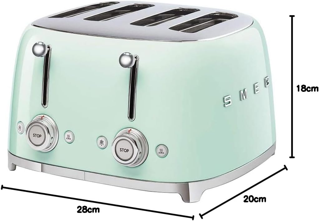 Smeg, Grille-pain 4 Tranches TSF03BLEU, 4 Fentes 36 mm, 6 Niveaux de Brunissage, Fonction Chauffage, Décongélation et Bagel, Éjection Automatique du Pain, 2 Ramasse Miettes, 2000 W, Noir