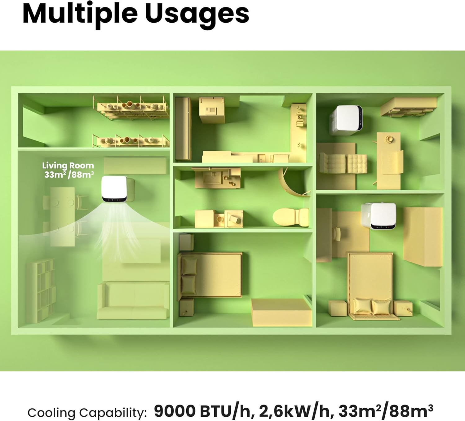 COMFEE' Climatiseur Mobile 9000 BTU/h 2,6kW, 3-EN-1 Refroidisseur Déshumidificateur Ventilateur, Fonction Follow me, Minuterie, Mode nuit, Pour salon et maison de 33㎡/88m³, MPPH-09CRN7, R290
