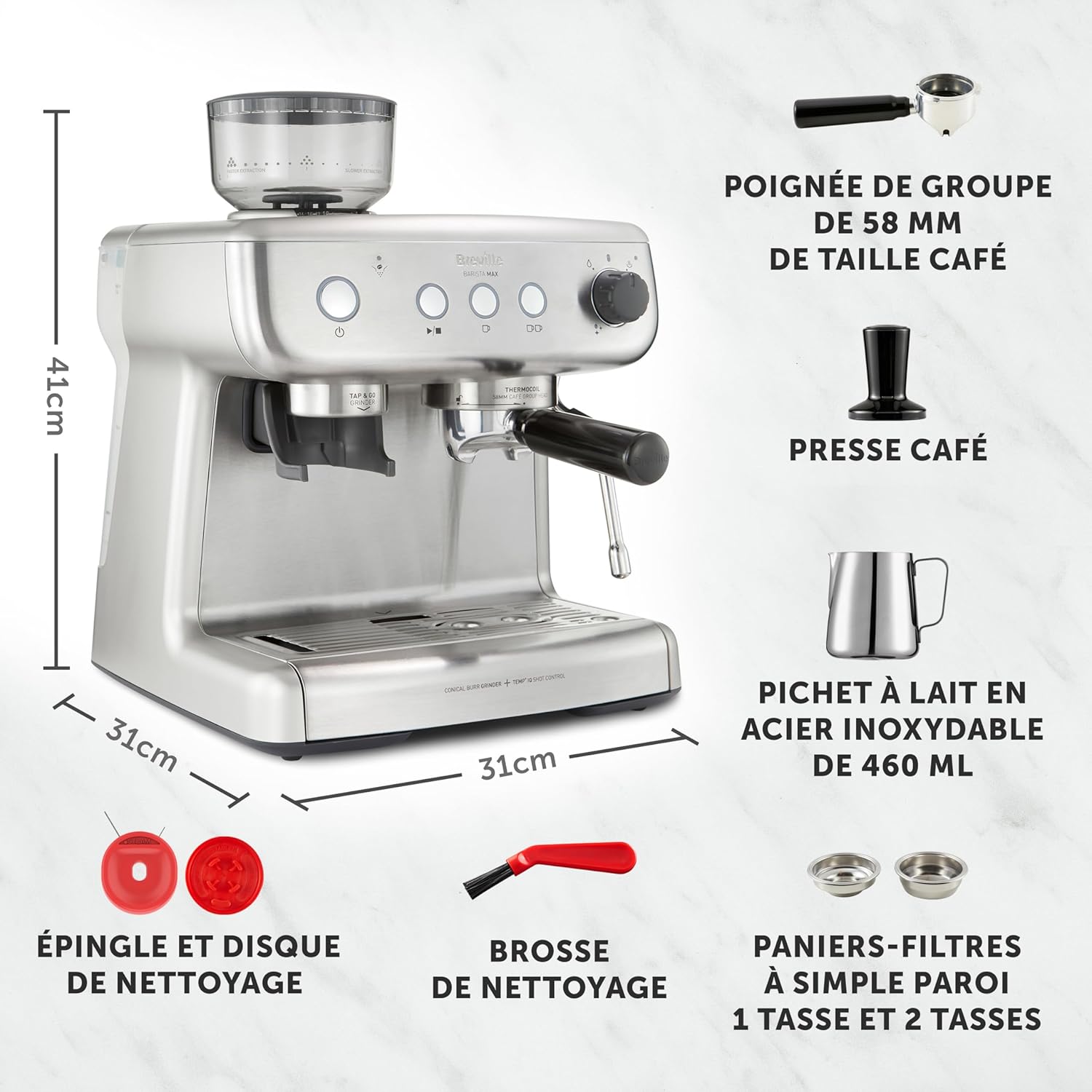 Breville Barista Max Machine à café/machine à expresso, semi-automatique avec moulin broyeur à grain intégré, buse à vapeur pour faire mousser le lait & pompe italienne de 15 bars [VCF126X]